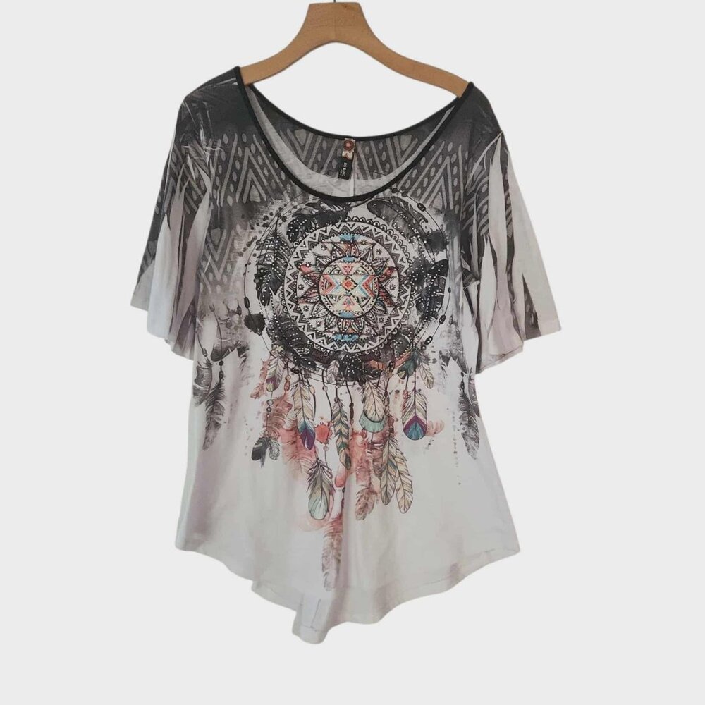 Big Bang USA‎ Boho Tunic Short Sleeve Southwestern Dreamcatcher Embellished Lg